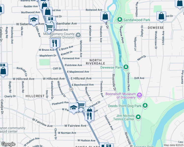 map of restaurants, bars, coffee shops, grocery stores, and more near 200 East Maplewood Avenue in Dayton
