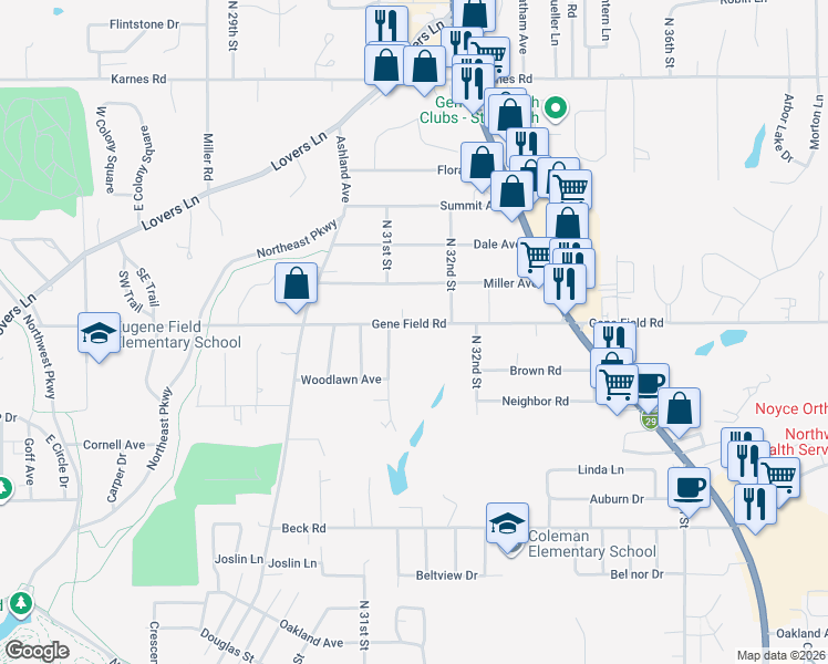 map of restaurants, bars, coffee shops, grocery stores, and more near 3116 Gene Field Road in Saint Joseph