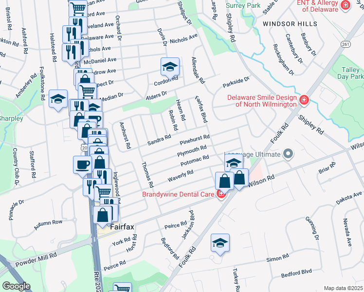 map of restaurants, bars, coffee shops, grocery stores, and more near 232 Pinehurst Rd in Wilmington