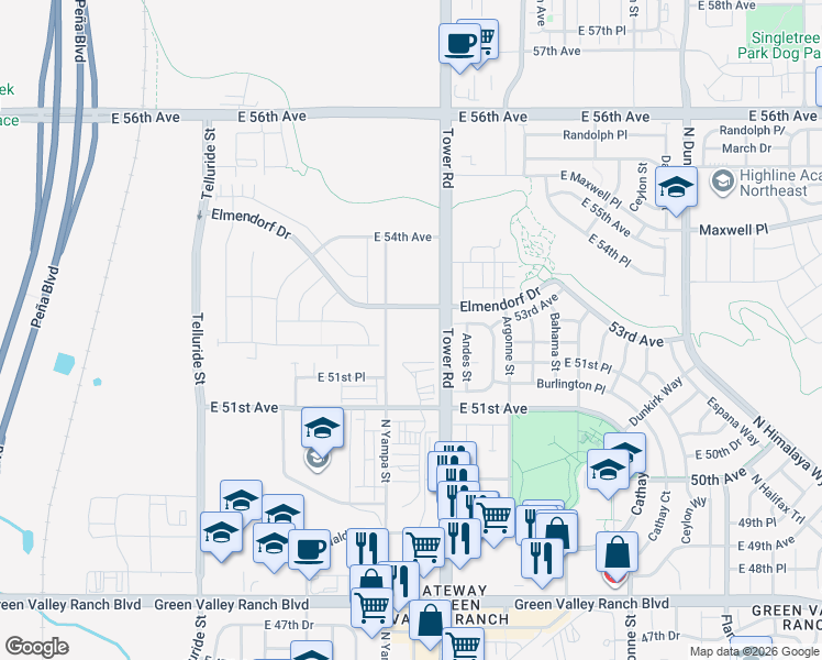 map of restaurants, bars, coffee shops, grocery stores, and more near 18400 Elmendorf Drive in Denver