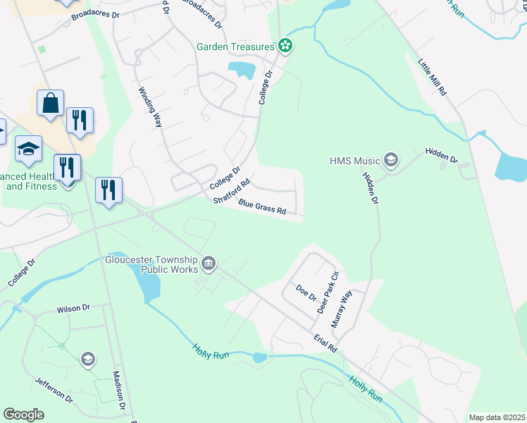 map of restaurants, bars, coffee shops, grocery stores, and more near 15 Blue Grass Road in Clementon