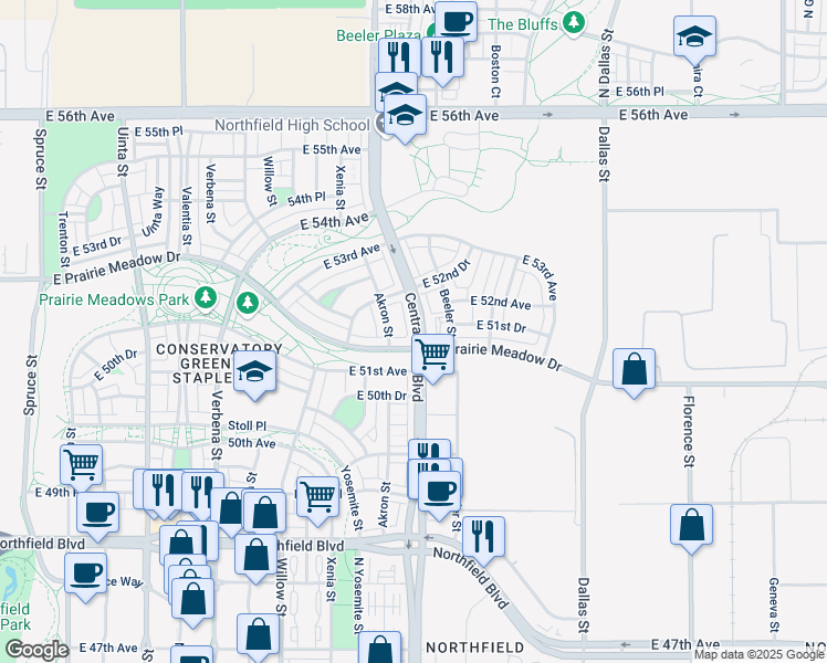 map of restaurants, bars, coffee shops, grocery stores, and more near 5167 Central Park Boulevard in Denver