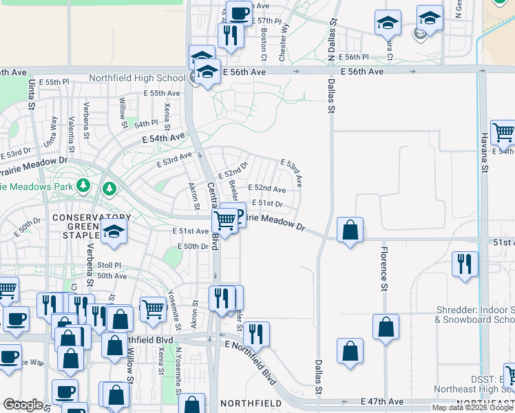 map of restaurants, bars, coffee shops, grocery stores, and more near 9346 East 51st Drive in Denver