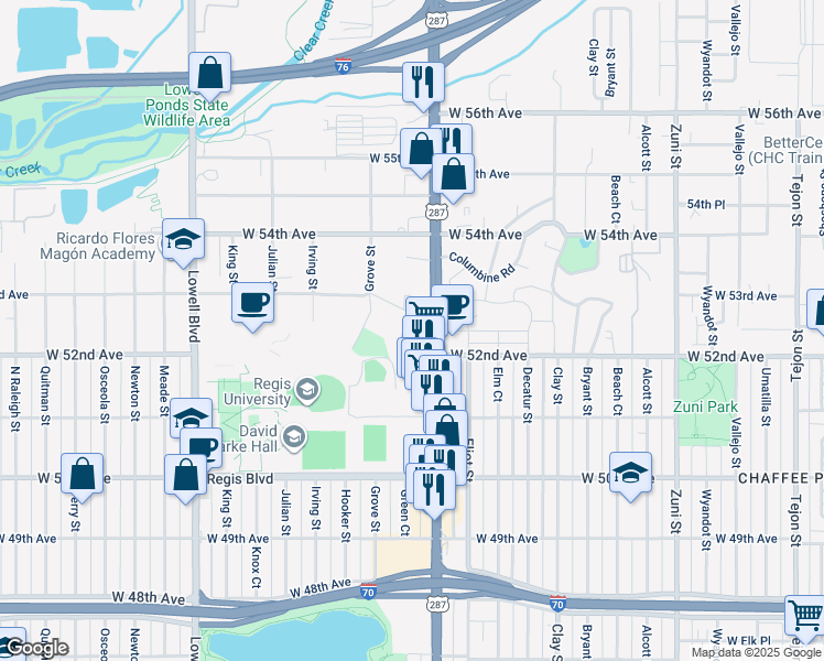 map of restaurants, bars, coffee shops, grocery stores, and more near 5201 Regis Road in Denver