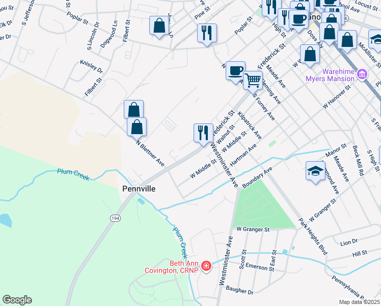 map of restaurants, bars, coffee shops, grocery stores, and more near 627 Frederick Street in Hanover