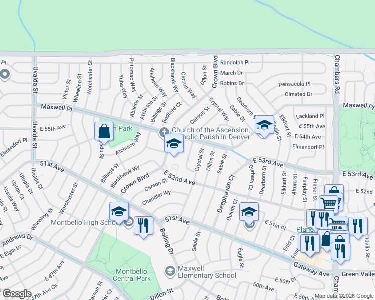 map of restaurants, bars, coffee shops, grocery stores, and more near 5431 Chandler Way in Denver