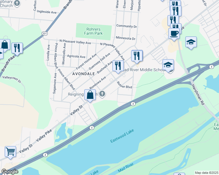 map of restaurants, bars, coffee shops, grocery stores, and more near 2420 Valley Pike in Dayton