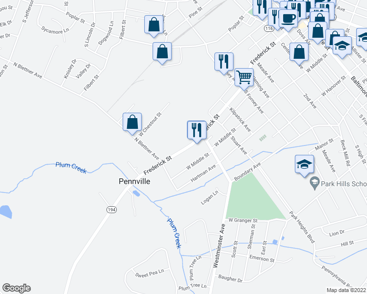 map of restaurants, bars, coffee shops, grocery stores, and more near 627 Frederick Street in Hanover