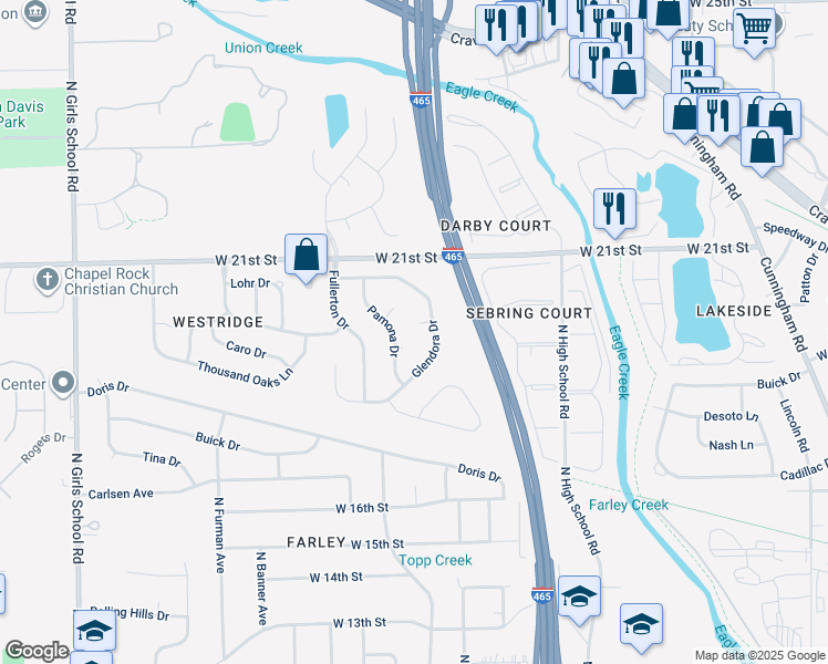 map of restaurants, bars, coffee shops, grocery stores, and more near 6549 Glendora Ct in Indianapolis