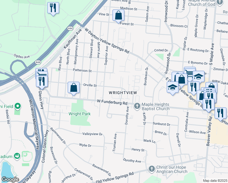 map of restaurants, bars, coffee shops, grocery stores, and more near 260 Orville Street in Fairborn
