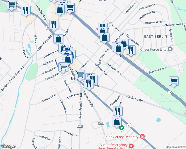map of restaurants, bars, coffee shops, grocery stores, and more near 18 Washington Avenue in Berlin