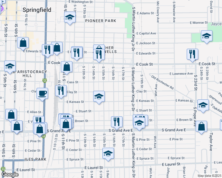 map of restaurants, bars, coffee shops, grocery stores, and more near 921 South 16th Street in Springfield