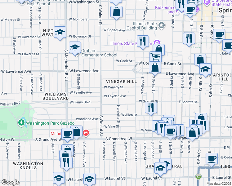 map of restaurants, bars, coffee shops, grocery stores, and more near 905 Henrietta Street in Springfield