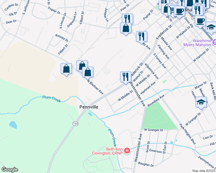 map of restaurants, bars, coffee shops, grocery stores, and more near 639 Frederick Street in Hanover
