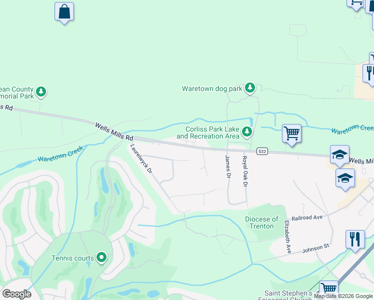 map of restaurants, bars, coffee shops, grocery stores, and more near 213 Wells Mills Road in Ocean Township