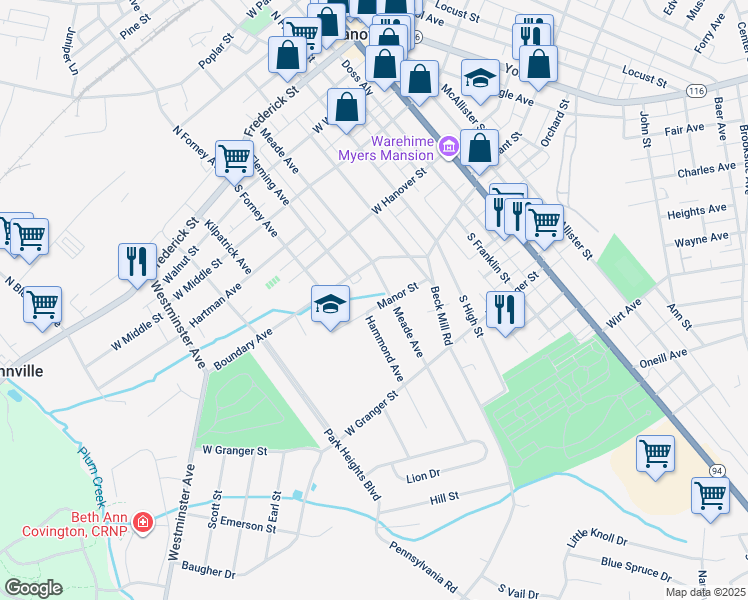 map of restaurants, bars, coffee shops, grocery stores, and more near 418 Manor Street in Hanover