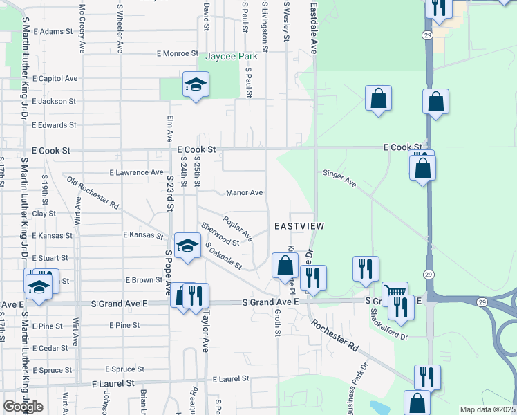 map of restaurants, bars, coffee shops, grocery stores, and more near 2649 Beech Avenue in Springfield