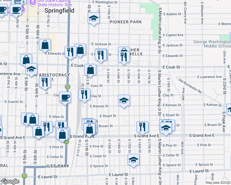 map of restaurants, bars, coffee shops, grocery stores, and more near 921 South 14th Street in Springfield