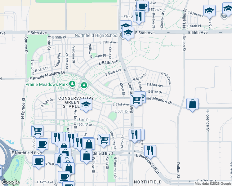 map of restaurants, bars, coffee shops, grocery stores, and more near 5168 Yosemite Way in Denver