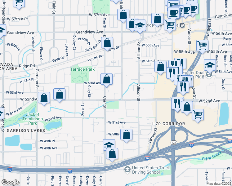 map of restaurants, bars, coffee shops, grocery stores, and more near 5280 Carr Street in Arvada