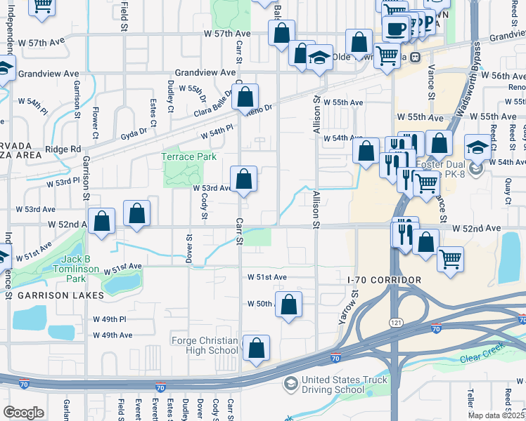 map of restaurants, bars, coffee shops, grocery stores, and more near 5280 Carr Street in Arvada