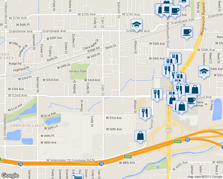 map of restaurants, bars, coffee shops, grocery stores, and more near 5280 Carr Street in Arvada