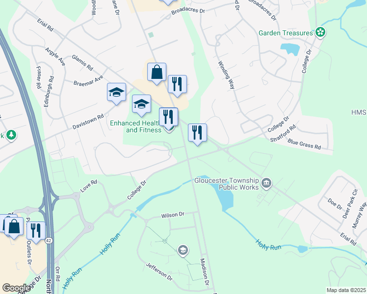map of restaurants, bars, coffee shops, grocery stores, and more near 1451 Little Gloucester Road in Camden County