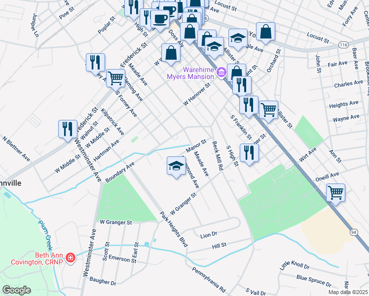 map of restaurants, bars, coffee shops, grocery stores, and more near 418 Manor Street in Hanover