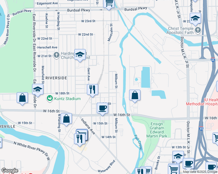 map of restaurants, bars, coffee shops, grocery stores, and more near 1826 Milburn Street in Indianapolis