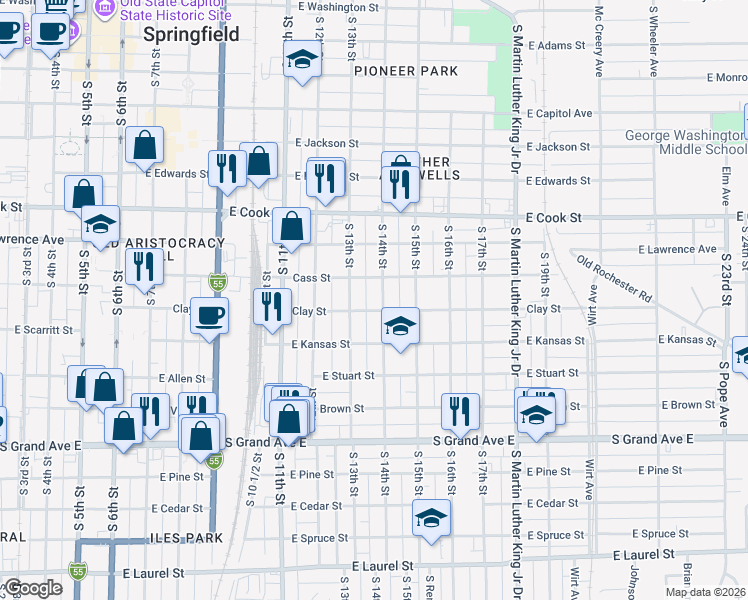 map of restaurants, bars, coffee shops, grocery stores, and more near 921 South 14th Street in Springfield