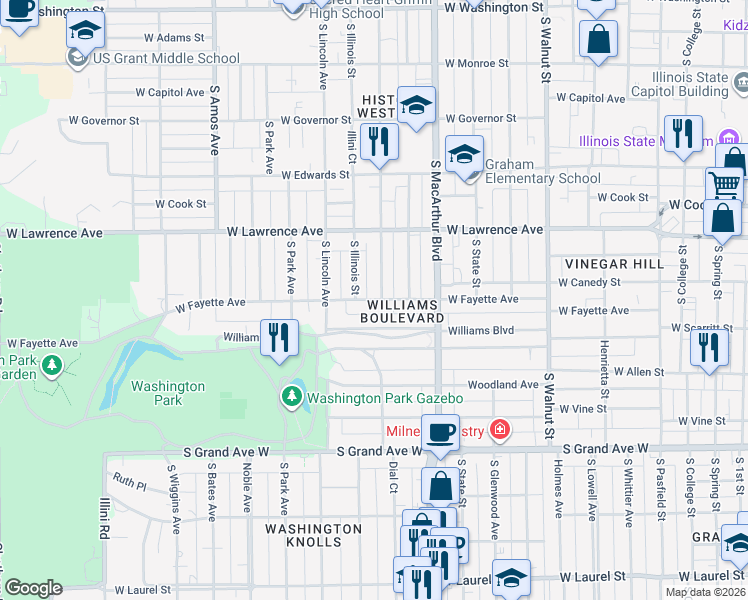 map of restaurants, bars, coffee shops, grocery stores, and more near 1129 West Fayette Avenue in Springfield