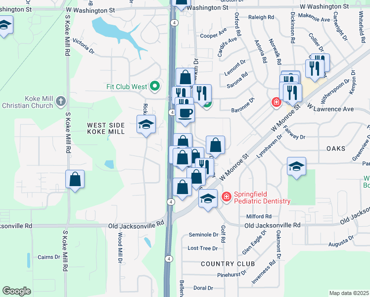map of restaurants, bars, coffee shops, grocery stores, and more near 901 Clocktower Drive in Springfield