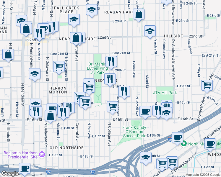 map of restaurants, bars, coffee shops, grocery stores, and more near 1925 North College Avenue in Indianapolis