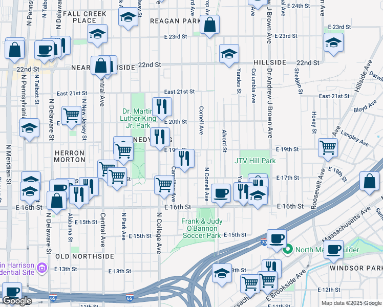 map of restaurants, bars, coffee shops, grocery stores, and more near 1831 Bellefontaine Street in Indianapolis
