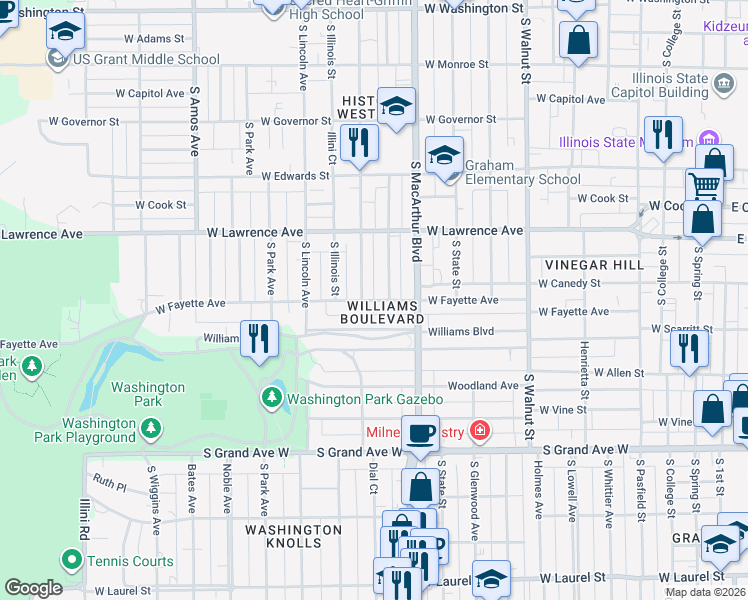 map of restaurants, bars, coffee shops, grocery stores, and more near 1069 West Fayette Avenue in Springfield
