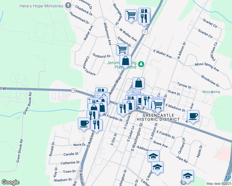 map of restaurants, bars, coffee shops, grocery stores, and more near 2625 North Carl Avenue in Greencastle