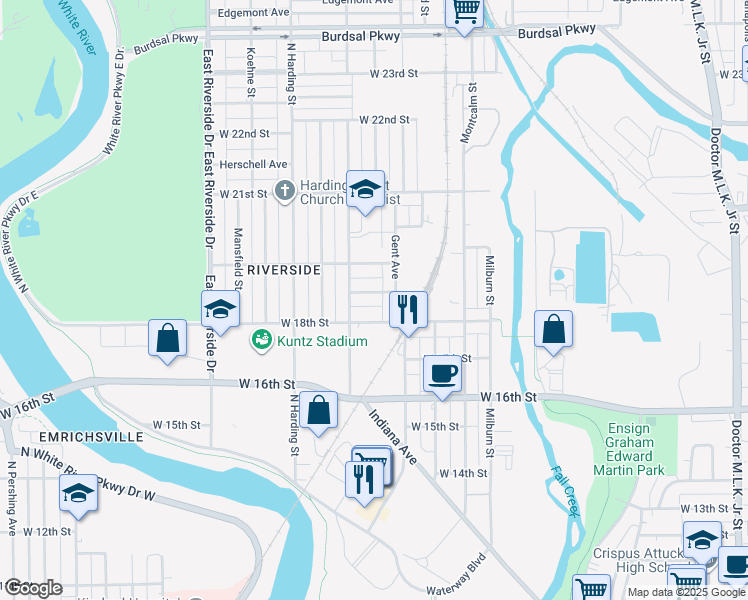 map of restaurants, bars, coffee shops, grocery stores, and more near 1225 Herbert Street in Indianapolis