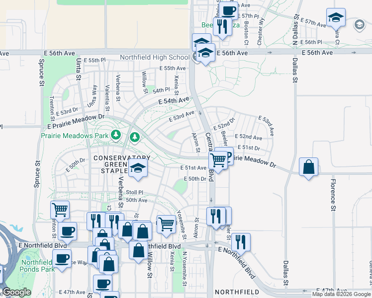 map of restaurants, bars, coffee shops, grocery stores, and more near 5168 Yosemite Way in Denver