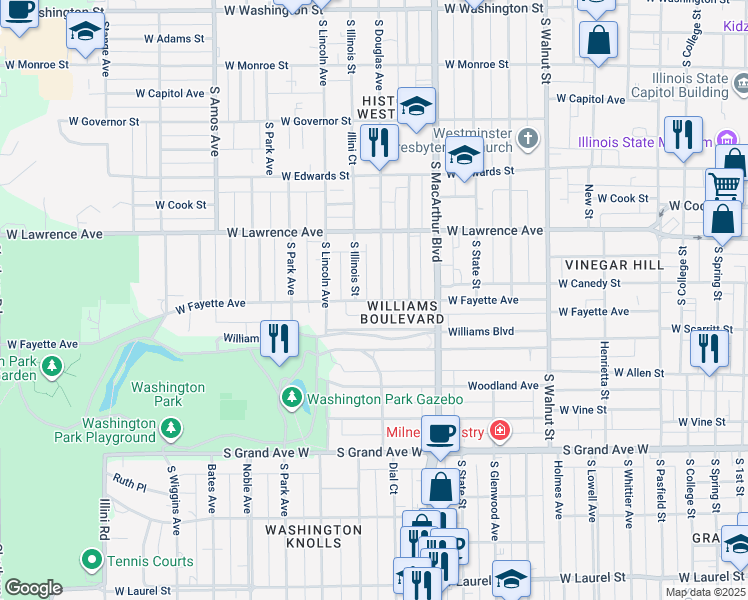 map of restaurants, bars, coffee shops, grocery stores, and more near 1129 West Fayette Avenue in Springfield