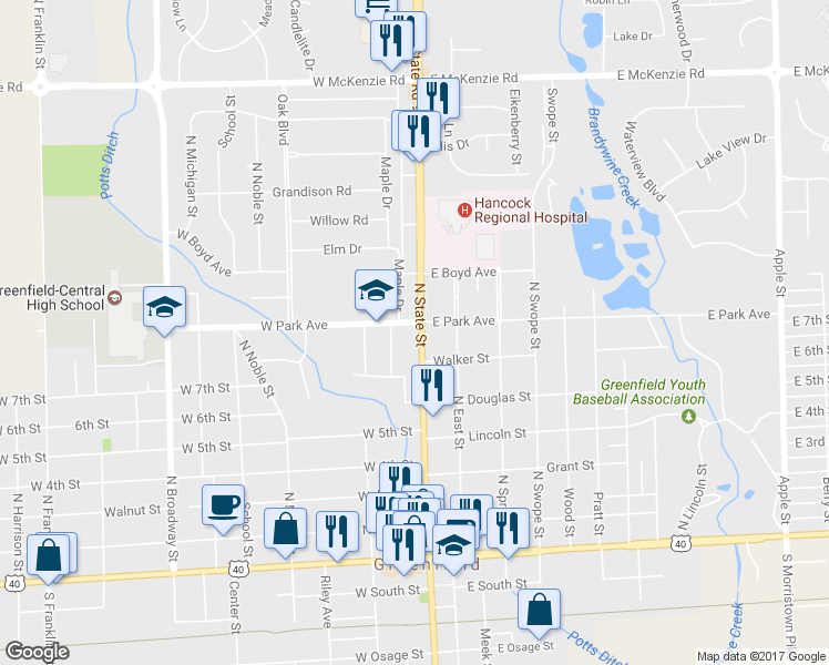 map of restaurants, bars, coffee shops, grocery stores, and more near 630 North State Street in Greenfield