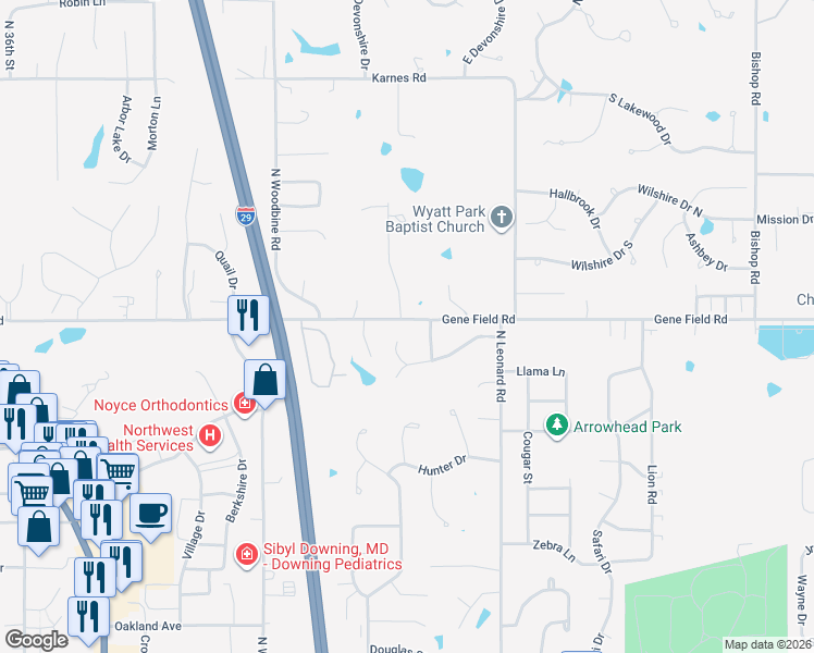 map of restaurants, bars, coffee shops, grocery stores, and more near 4216 Gene Field Road in Saint Joseph
