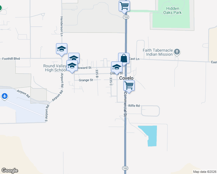 map of restaurants, bars, coffee shops, grocery stores, and more near School Street in Covelo
