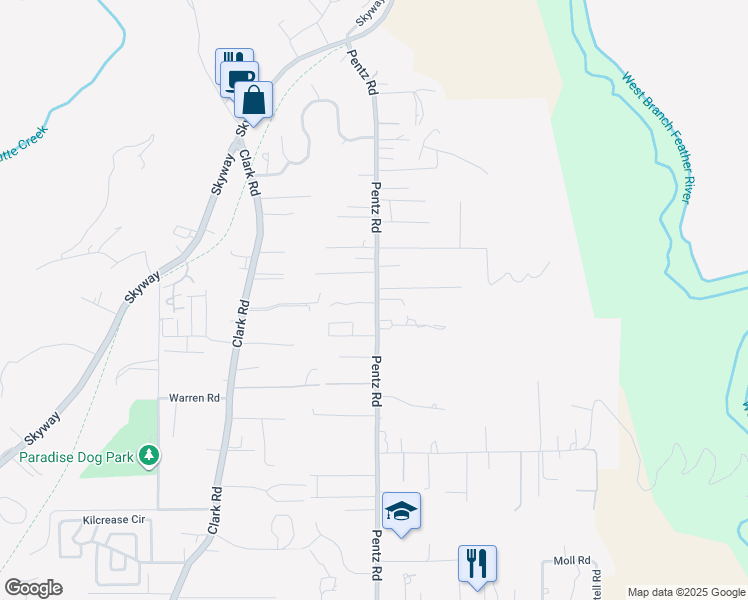 map of restaurants, bars, coffee shops, grocery stores, and more near 7083 Pentz Road in Paradise