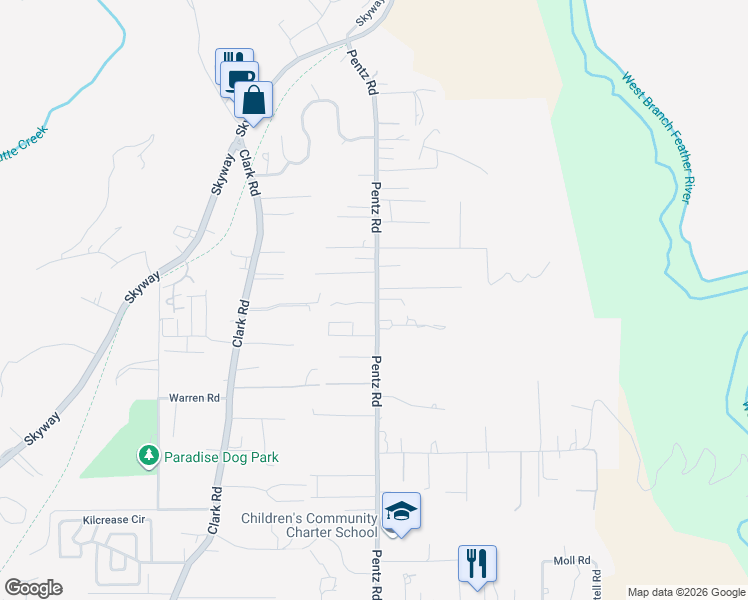 map of restaurants, bars, coffee shops, grocery stores, and more near 7084 Pentz Road in Paradise