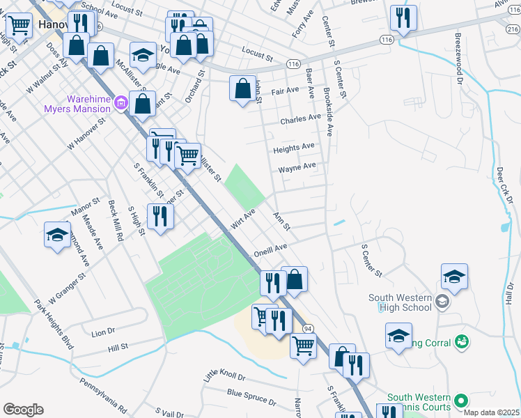 map of restaurants, bars, coffee shops, grocery stores, and more near 101 Wirt Avenue in Hanover