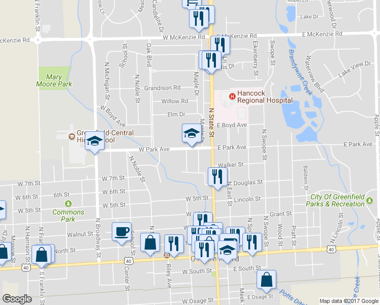 map of restaurants, bars, coffee shops, grocery stores, and more near 149 West Park Avenue in Greenfield
