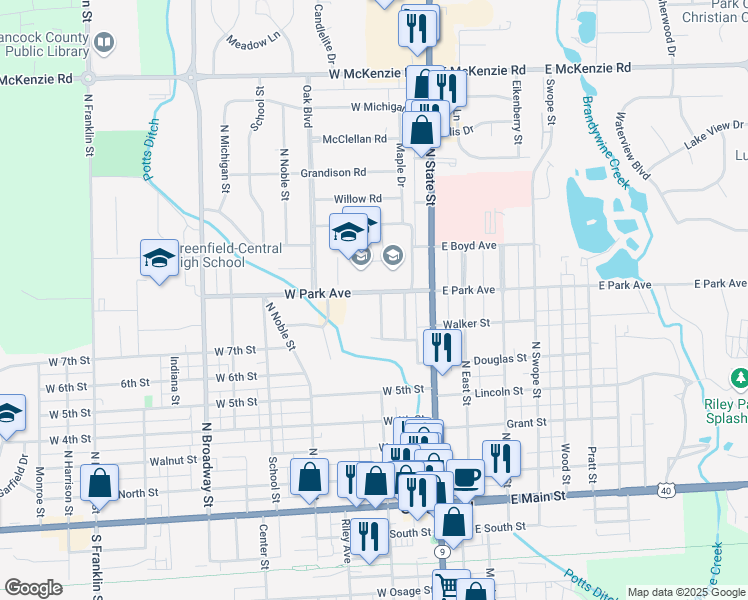 map of restaurants, bars, coffee shops, grocery stores, and more near 204 West Park Avenue in Greenfield