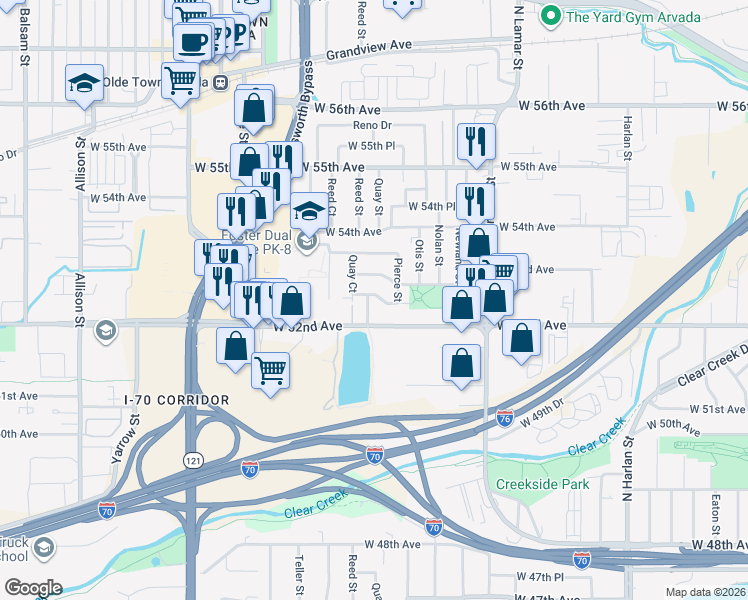 map of restaurants, bars, coffee shops, grocery stores, and more near 5230 Quay St in Arvada
