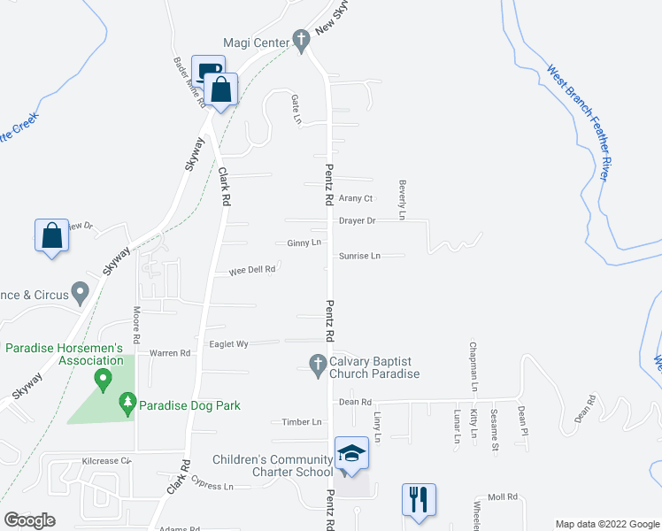 map of restaurants, bars, coffee shops, grocery stores, and more near 7084 Pentz Road in Paradise