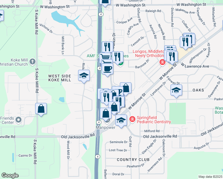 map of restaurants, bars, coffee shops, grocery stores, and more near 901 Clocktower Drive in Springfield